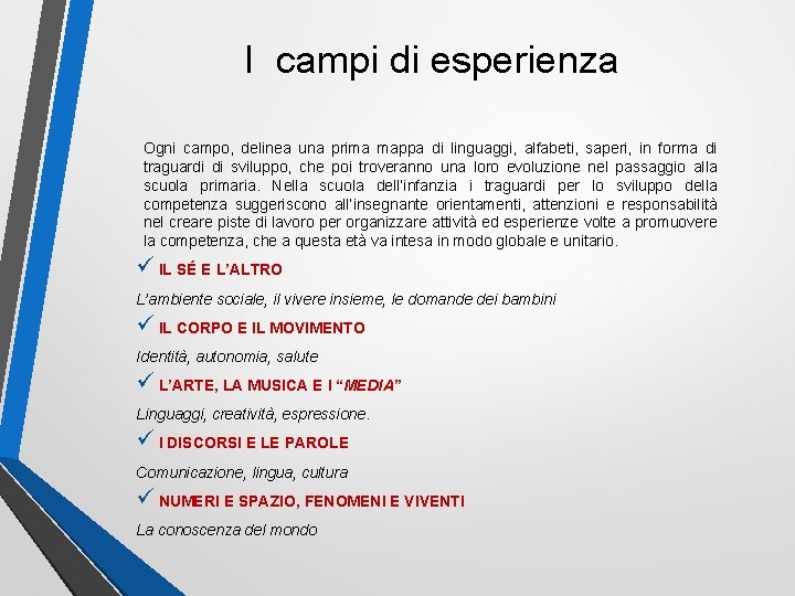 I campi di esperienza Ogni campo, delinea una prima mappa di linguaggi, alfabeti, saperi,