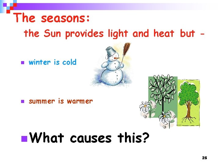 The seasons: the Sun provides light and heat but n winter is cold n