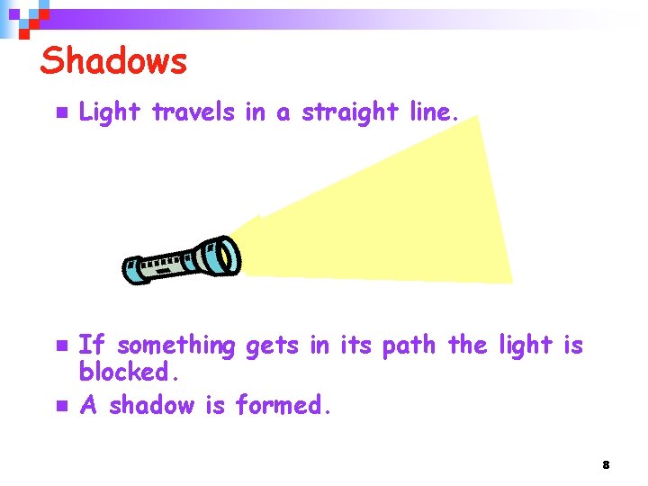 Shadows n n n Light travels in a straight line. If something gets in