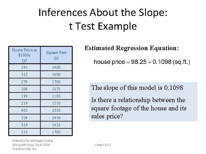 Inferences About the Slope: t Test Example House Price in $1000 s (y) Square