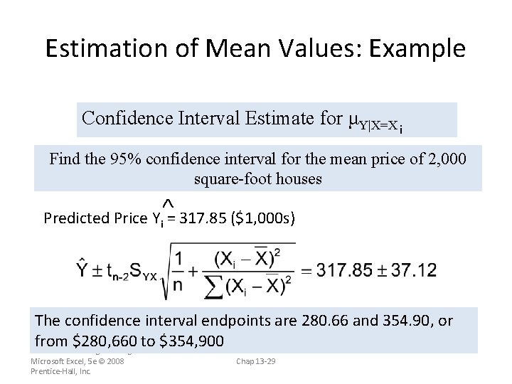 Estimation of Mean Values: Example Confidence Interval Estimate for μY|X=X i Find the 95%