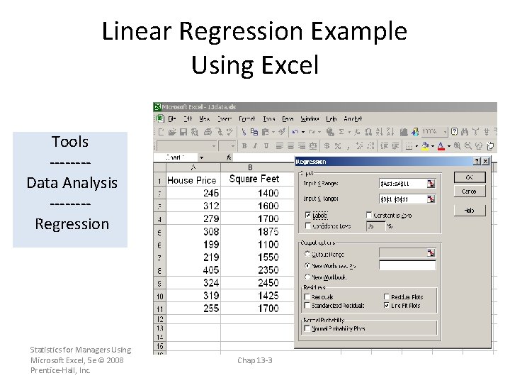 Linear Regression Example Using Excel Tools -------Data Analysis -------Regression Statistics for Managers Using Microsoft
