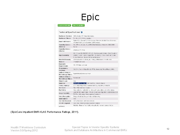 Epic (Epic. Care impatient EMR-KLAS Performance Ratings, 2011). Health IT Workforce Curriculum Version 3.