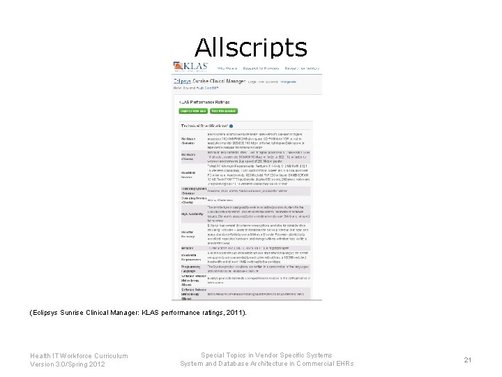Allscripts (Eclipsys Sunrise Clinical Manager: KLAS performance ratings, 2011). Health IT Workforce Curriculum Version