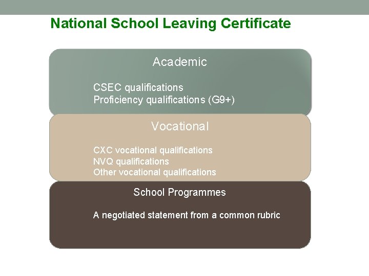 National School Leaving Certificate Academic CSEC qualifications Proficiency qualifications (G 9+) Vocational CXC vocational