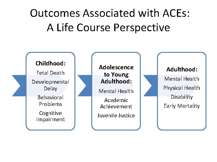 Outcomes Associated with ACEs: A Life Course Perspective Childhood: Fetal Death Developmental Delay Behavioral