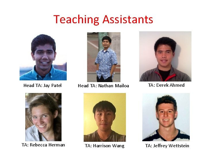 Teaching Assistants Head TA: Jay Patel Head TA: Nathan Mailoa TA: Derek Ahmed TA: