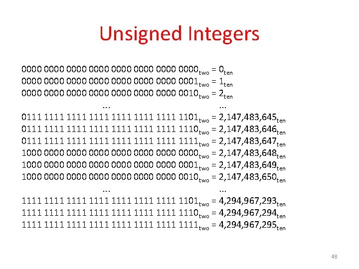 Unsigned Integers 0000 0000 two = 0 ten 0000 0000 0001 two = 1