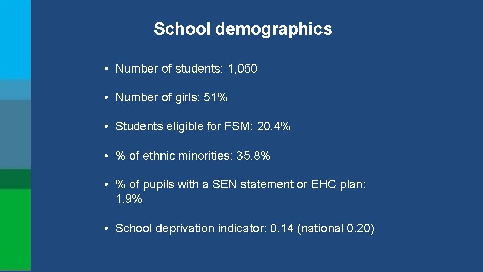 School demographics • Number of students: 1, 050 • Number of girls: 51% •