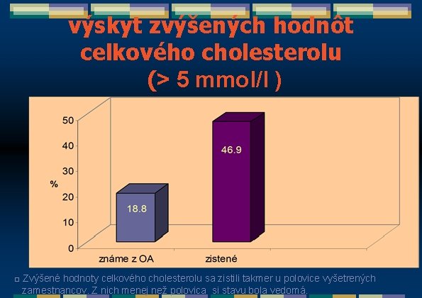 výskyt zvýšených hodnôt celkového cholesterolu (> 5 mmol/l ) □ Zvýšené hodnoty celkového cholesterolu