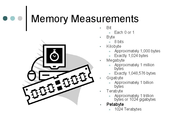 Memory Measurements • Bit ● • Byte ● • ● ● Approximately 1 billion