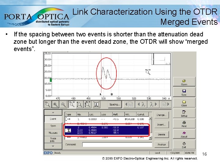 Link Characterization Using the OTDR Merged Events • If the spacing between two events