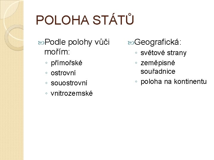 POLOHA STÁTŮ Podle polohy vůči mořím: ◦ ◦ přímořské ostrovní souostrovní vnitrozemské Geografická: ◦
