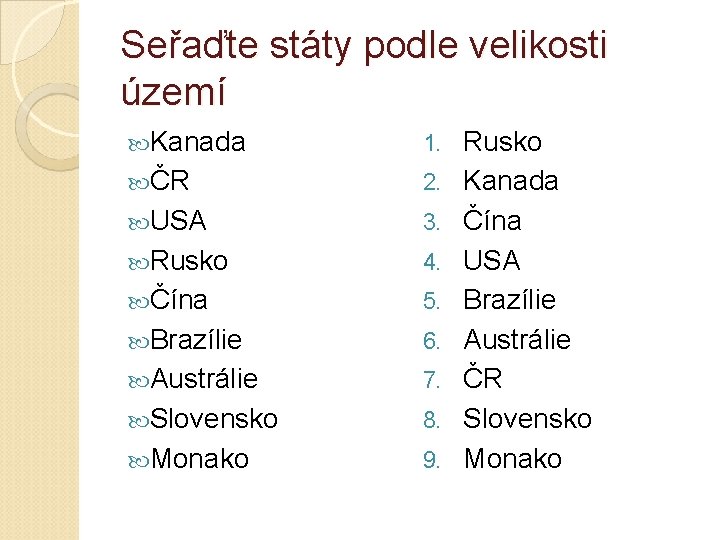 Seřaďte státy podle velikosti území Kanada 1. ČR 2. USA 3. Rusko 4. Čína