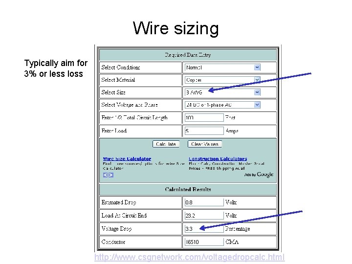 Wire sizing Typically aim for 3% or less loss http: //www. csgnetwork. com/voltagedropcalc. html