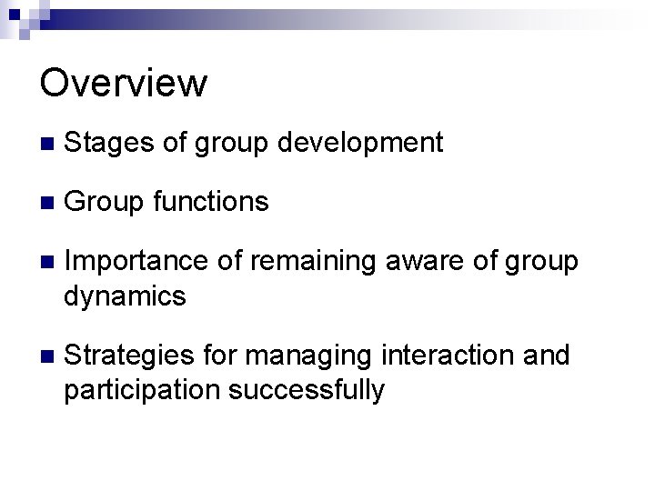 Overview n Stages of group development n Group functions n Importance of remaining aware
