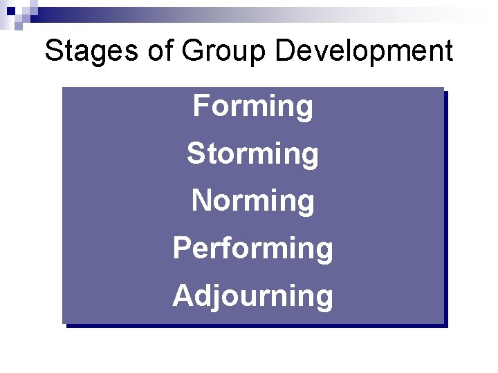 Stages of Group Development Forming Storming Norming Performing Adjourning 