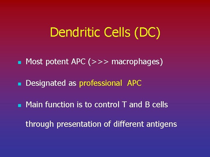 Dendritic Cells (DC) n Most potent APC (>>> macrophages) n Designated as professional APC