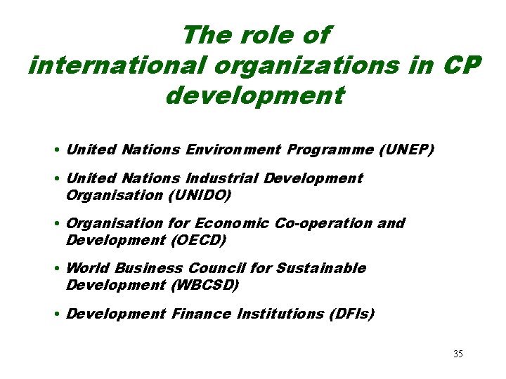 The role of international organizations in CP development • United Nations Environment Programme (UNEP) The role of international organizations in CP development • United Nations Environment Programme (UNEP)
