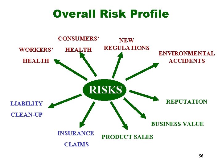 Overall Risk Profile CONSUMERS’ WORKERS’ HEALTH NEW REGULATIONS ENVIRONMENTAL ACCIDENTS HEALTH RISKS REPUTATION LIABILITY