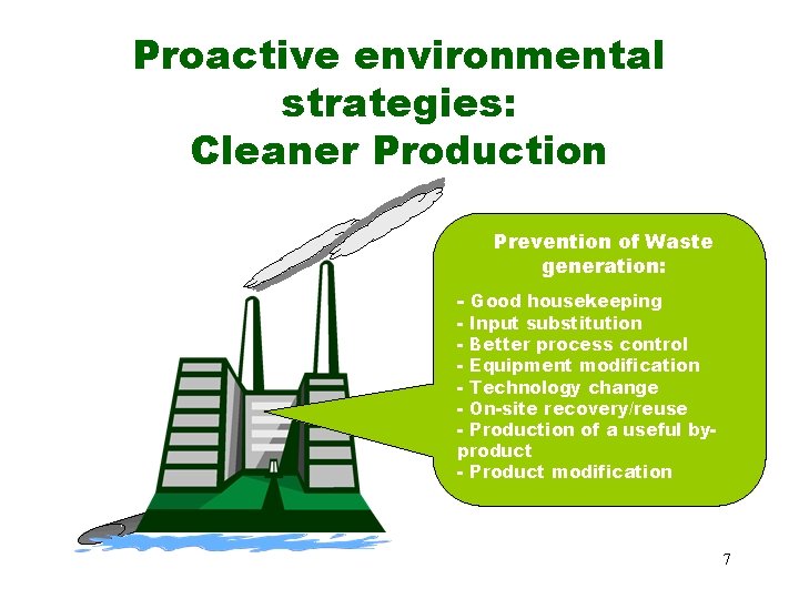Proactive environmental strategies: Cleaner Production Prevention of Waste generation: - Good housekeeping - Input Proactive environmental strategies: Cleaner Production Prevention of Waste generation: - Good housekeeping - Input