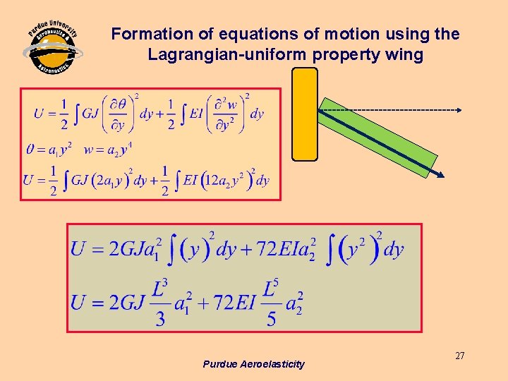 Formation of equations of motion using the Lagrangian-uniform property wing Purdue Aeroelasticity 27 Formation of equations of motion using the Lagrangian-uniform property wing Purdue Aeroelasticity 27