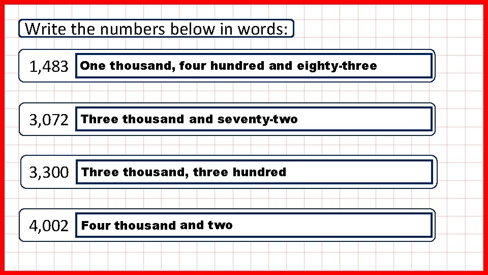 Write the numbers below in words: 1, 483 One thousand, four hundred and eighty-three