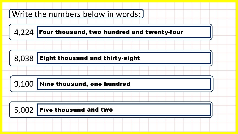 Write the numbers below in words: 4, 224 Four thousand, two hundred and twenty-four