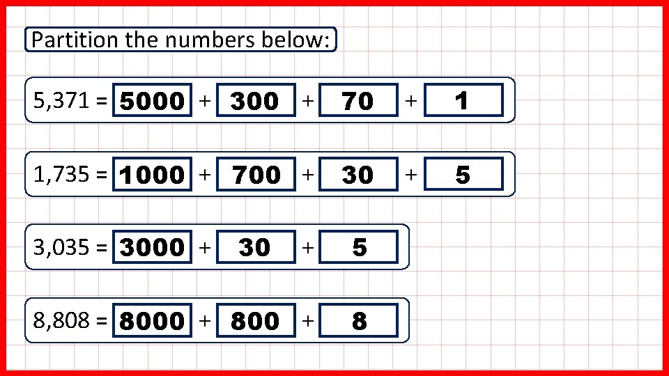 Partition the numbers below: 5, 371 = 5000 + 300 + 70 + 1