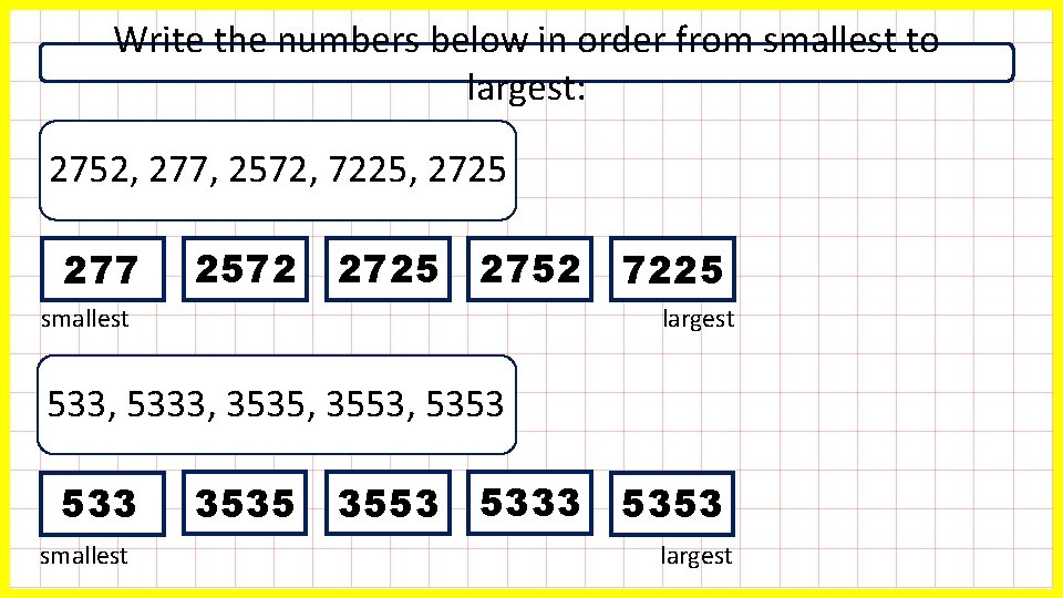 Write the numbers below in order from smallest to largest: 2752, 277, 2572, 7225,