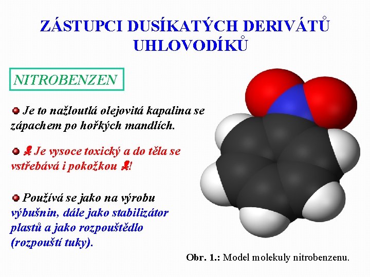 ZÁSTUPCI DUSÍKATÝCH DERIVÁTŮ UHLOVODÍKŮ NITROBENZEN Je to nažloutlá olejovitá kapalina se zápachem po hořkých