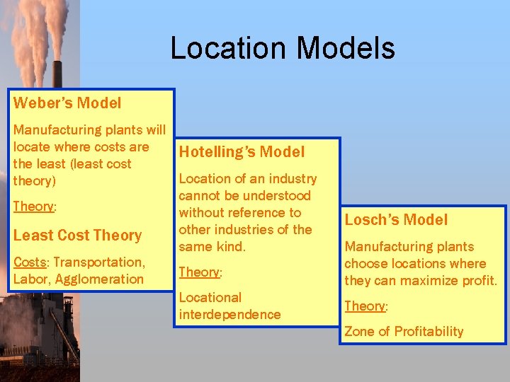 Location Models Weber’s Model Manufacturing plants will locate where costs are Hotelling’s Model the