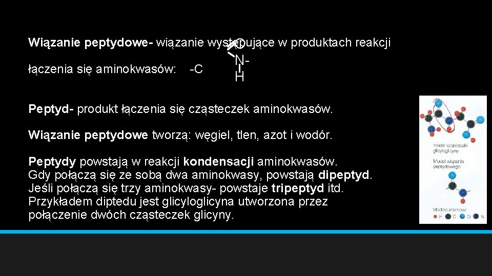 Wiązanie peptydowe- wiązanie występujące w produktach reakcji O łączenia się aminokwasów: -C NH Peptyd-