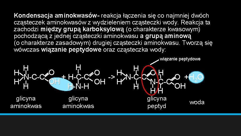 Kondensacja aminokwasów- reakcja łączenia się co najmniej dwóch cząsteczek aminokwasów z wydzieleniem cząsteczki wody.