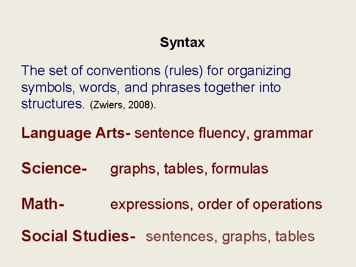 Syntax The set of conventions (rules) for organizing symbols, words, and phrases together into Syntax The set of conventions (rules) for organizing symbols, words, and phrases together into