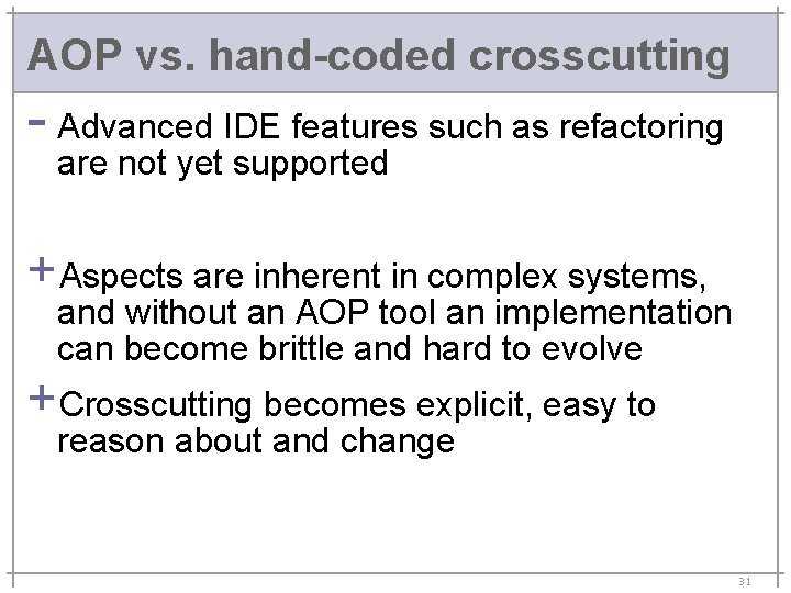 AOP vs. hand-coded crosscutting - Advanced IDE features such as refactoring are not yet