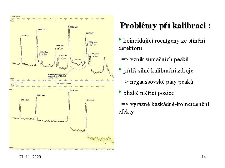 Problémy při kalibraci : • koincidující roentgeny ze stínění detektorů => vznik sumačních peaků