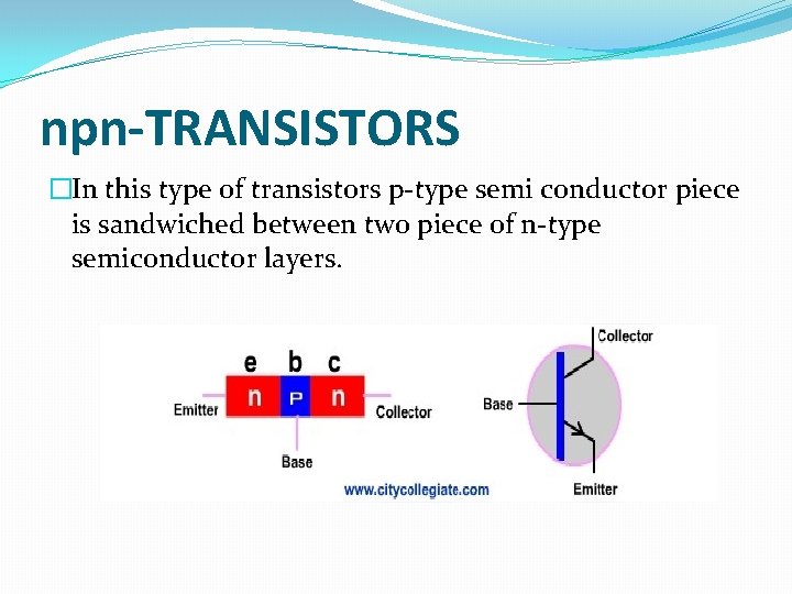 npn-TRANSISTORS �In this type of transistors p-type semi conductor piece is sandwiched between two