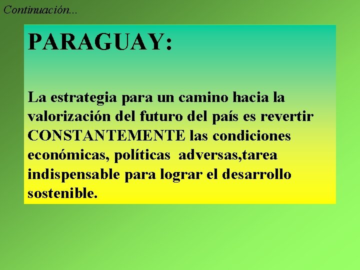 Continuación. . . PARAGUAY: La estrategia para un camino hacia la valorización del futuro