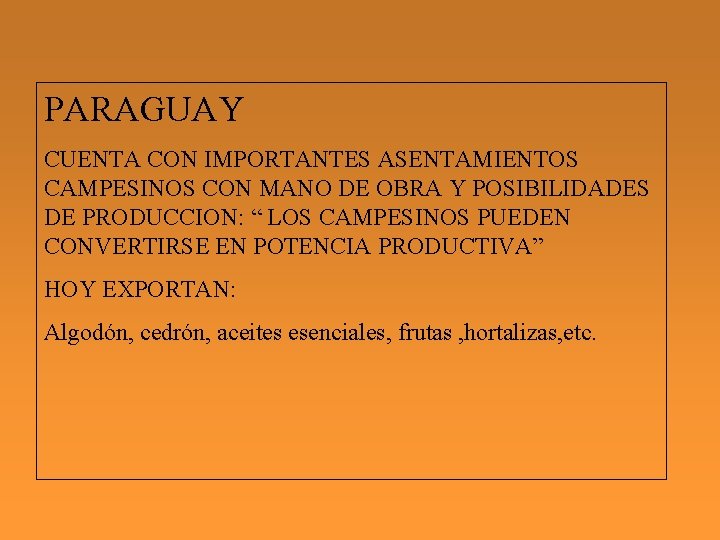 PARAGUAY CUENTA CON IMPORTANTES ASENTAMIENTOS CAMPESINOS CON MANO DE OBRA Y POSIBILIDADES DE PRODUCCION: