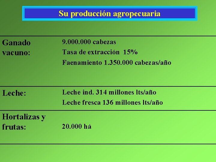 Su producción agropecuaria Ganado vacuno: 9. 000 cabezas Tasa de extracción 15% Faenamiento 1.