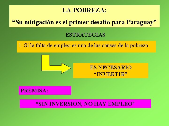 LA POBREZA: “Su mitigación es el primer desafío para Paraguay” ESTRATEGIAS 1. Si la