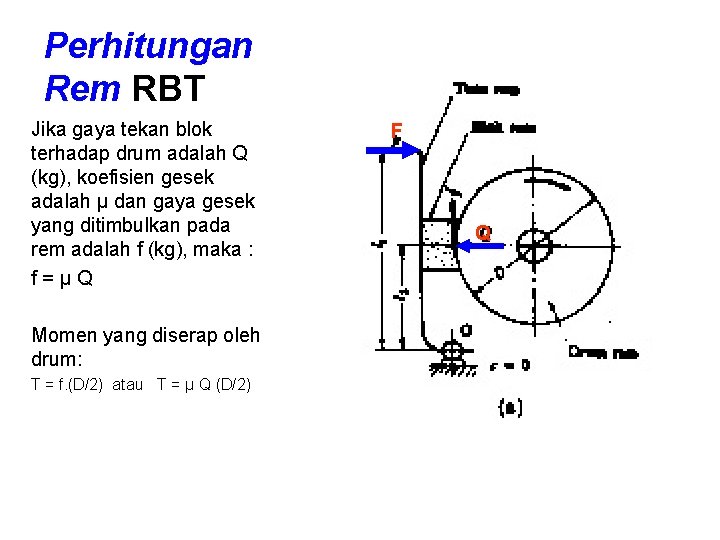 Perhitungan Rem RBT Jika gaya tekan blok terhadap drum adalah Q (kg), koefisien gesek Perhitungan Rem RBT Jika gaya tekan blok terhadap drum adalah Q (kg), koefisien gesek