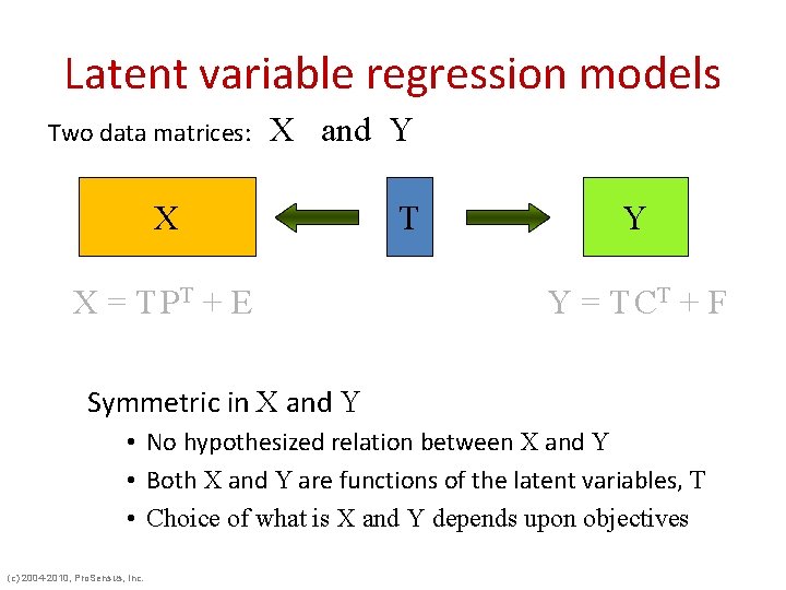 Latent variable regression models Two data matrices: X and Y X X = T