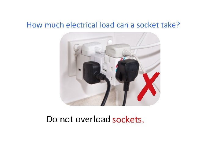 How much electrical load can a socket take? ✗ Do not overload sockets. 