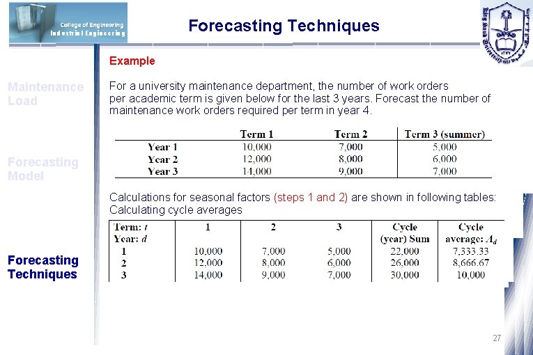 Industrial Engineering Forecasting Techniques Example Maintenance Load For a university maintenance department, the number