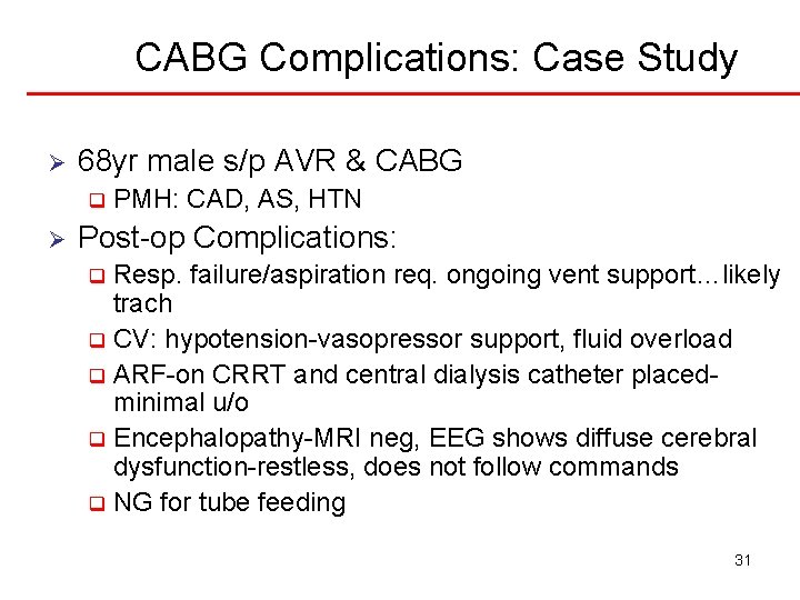 CABG Complications: Case Study Ø 68 yr male s/p AVR & CABG q Ø