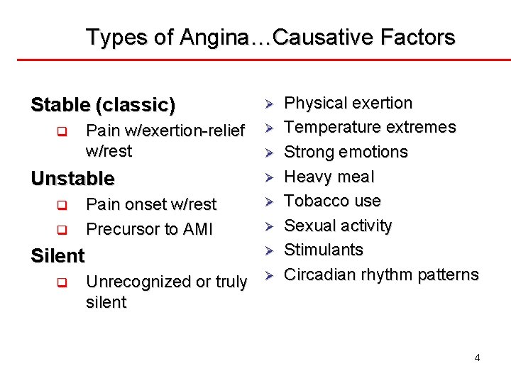 Types of Angina…Causative Factors Stable (classic) q Pain w/exertion-relief w/rest Unstable q q Pain