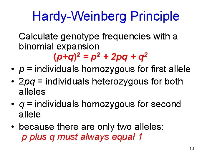 Hardy-Weinberg Principle • • Calculate genotype frequencies with a binomial expansion (p+q)2 = p