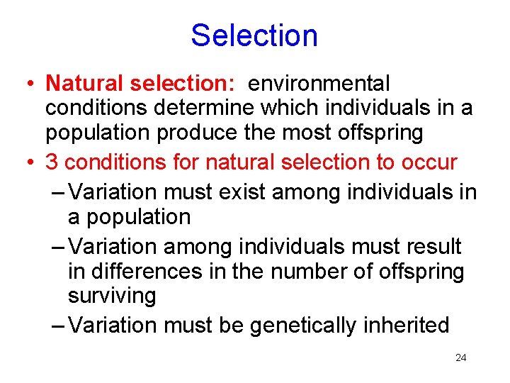 Selection • Natural selection: environmental conditions determine which individuals in a population produce the